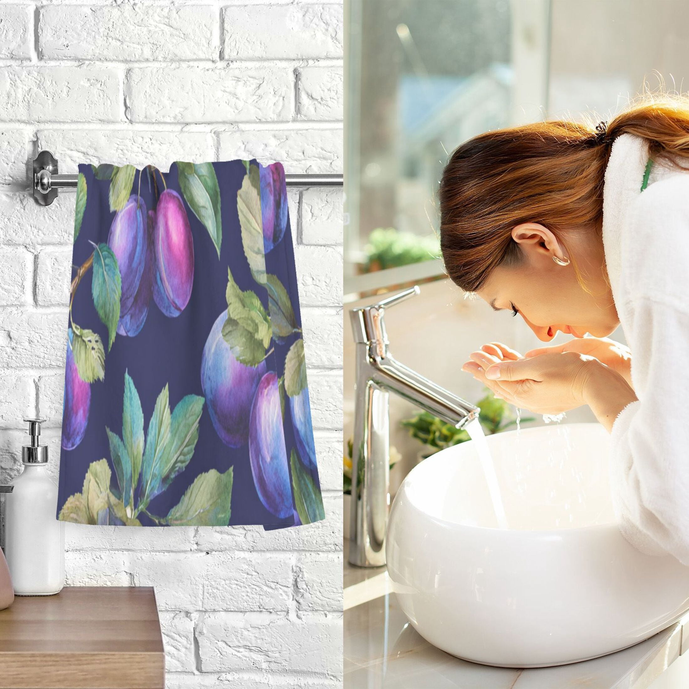 2 Pieces of Cotton Towel Face Towel Set Hand Towel Bath Towel Cotton Bath Towel Sets Watercolor Seamless Plums