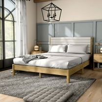 Furniture of America Elra Queen Solid Wood and Boucle Fabric Mattress Ready Bed, Natural