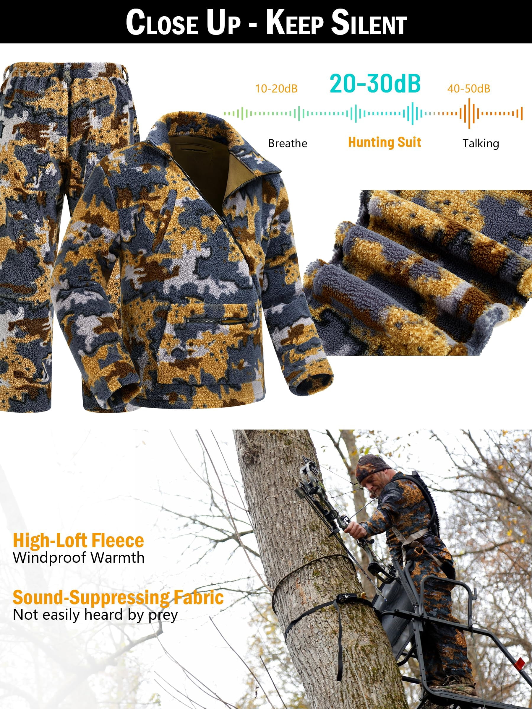 NEW VIEW Quiet Whitetail Deer Bow Hunting Clothes for Men, Cold Weather Wind Proof Camo Hunting Jacket and Pants with Fleece