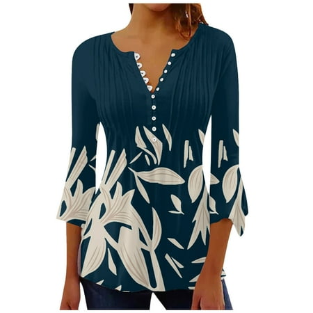 

Women Tops Summer Clearance Deals AIEOTT Womens Blouses Long Sleeve Casual Trumpet 3/4 Sleeve Solid Buttoned Basic Ruched Corset Tunic Tops Pleated T-shirts Fashion Womens Shirts Big Holiday Deals