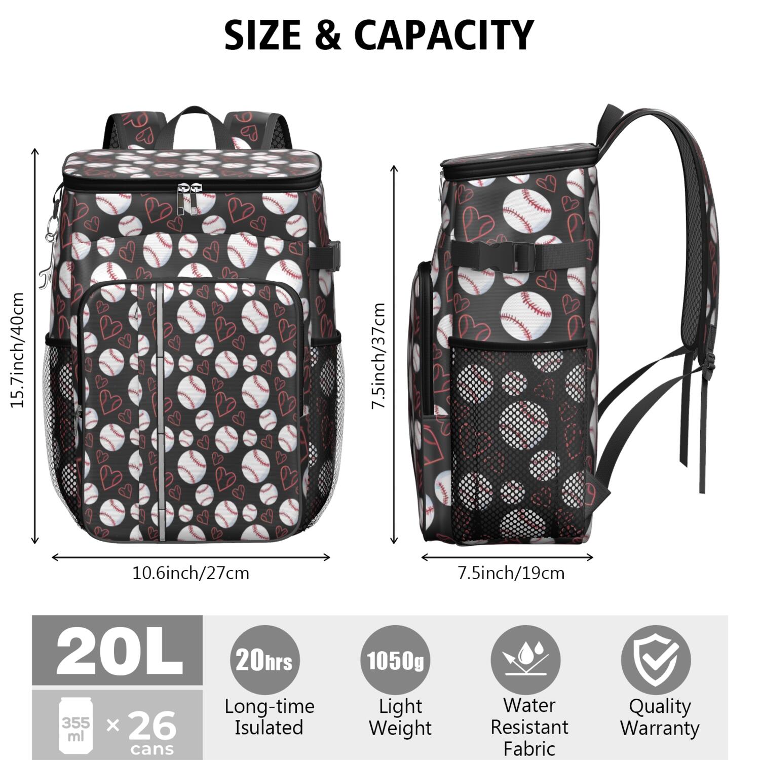 Travel Cooler Bag - Black Baseballs and Hearts Pattern Camping Beer Cooler Backpack with Bottle Opener- Waterproof Insulated Picnic Backpacks - Cooler Bag for Beach