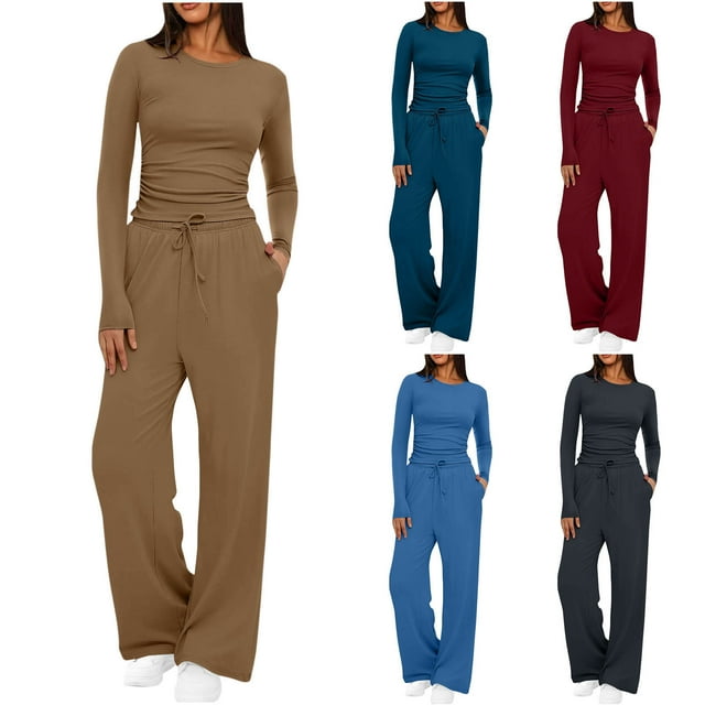 Yuyuzo Womens 2 Piece Sets Long Sleeve Wide Leg Tracksuits Casual Lounge Fall Outfits Solid Color Matching Sets