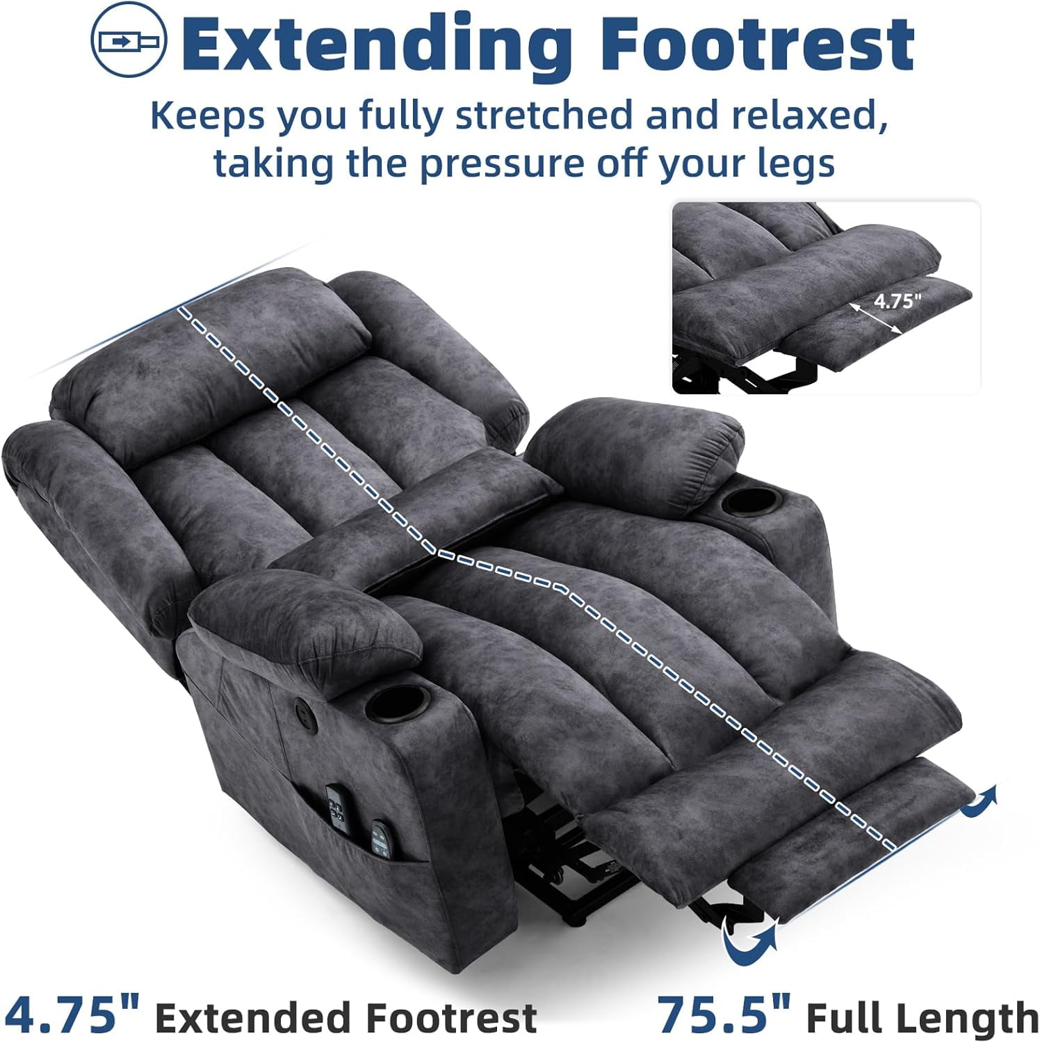 Large Dual Motor Lay Flat Power Lift Recliner Chair with Extended Footrest, Heat Massage, Oversized Electric Recliner for Big Tall Elderly, Lumbar Pillow, USB & Type-C Ports, Plush Gray