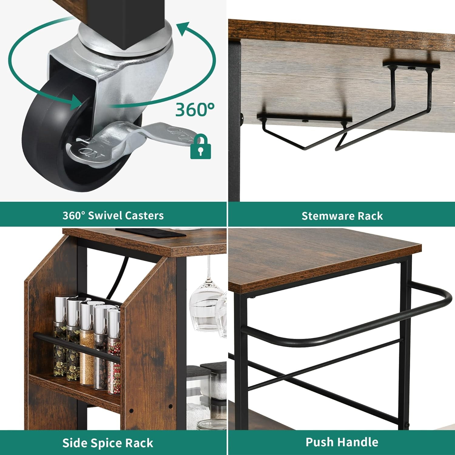 Kitchen Island Cart with Power Outlet, 36 Inch Mobile Kitchen Cart with Open Shelves, Rolling Portable Serving Utility Carts on Wheels with Storage for Kitchen, Dining Room, Brown