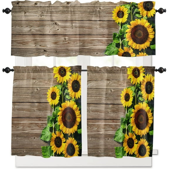 Kitchen Curtains and Valances Set Tier Curtains Living Room Bedroom Bathroom Farmhouse 3 Piece Set Rod Pocket,Sunflowers on a Wooden Board