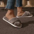 thumbnail image 3 of Ultimate Cozy Faux Fur Cross Band Slippers for Women – Soft Plush Open Toe Indoor Outdoor Memory Foam House Slides, Warm Fluffy Bedroom Sandals, Perfect Winter Holiday Gift, 3 of 4