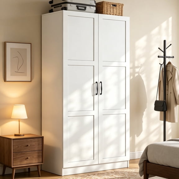 Wood Wardrobe Closet with Shelves and 2 Drawers,Freestanding Armoire Storage Cabinet for Hanging Clothes,Bedroom Wardrobe with Doors