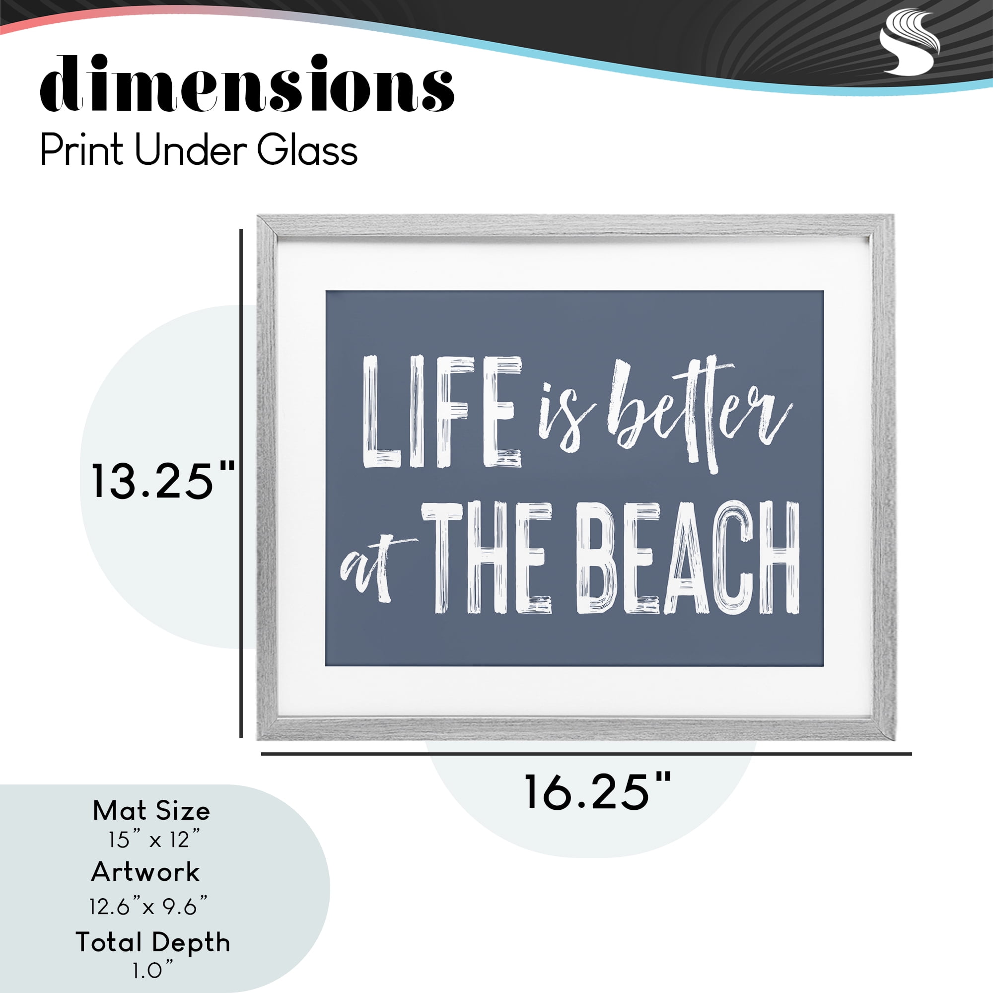 Life Better At Beach Blue Gray Framed Print Under Glass, design by Lettered and Lined