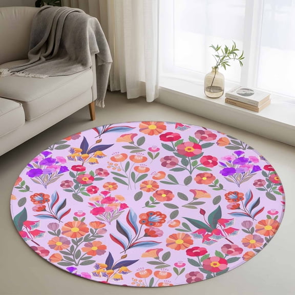 Spring Floral Round Area Rug 3Ft Washable Small Circle Rugs for Kitchen Entryway, Retro Watercolor Flowers Leaves Plants Purple Non-Slip Carpet Floor Mats Indoor Outdoor Carpet Runner Home Decor