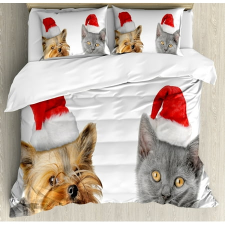 Christmas Queen Size Duvet Cover Set, Adorable Cat and Dog with Xmas Hats Domestic Pet Animals Holiday Celebration, Decorative 3 Piece Bedding Set with 2 Pillow Shams, Orange Grey Red, by Ambesonne