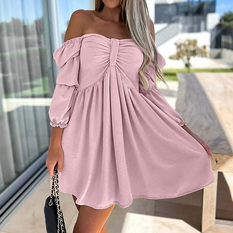 LLYwey s Fall Wedding Guest Dresses Women Fashion Casual Solid 3/4 Sleeve  Ruffle Shoulder Mini Dress New Maxi Dresses Pinks Xxl - Walmart.com