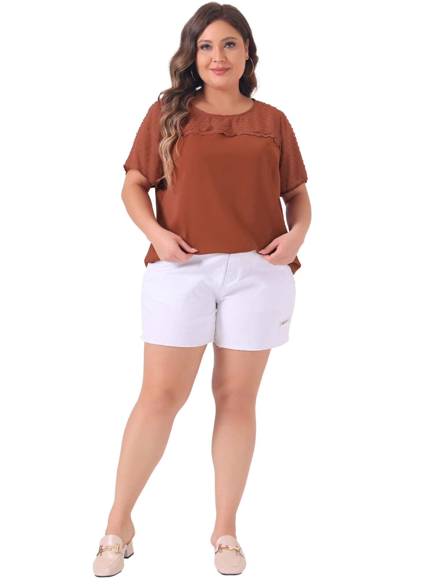 Unique Bargains Women's Plus Size Short Sleeves Polka Dots Lace Panel Top 2X Caramel