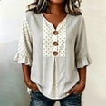 thumbnail image 2 of OOOUM Woman 3/4 Sleeve Blouse Modern Fit Print Ruffle V Neck Basic Tops Stylish Comfortable Outfits Tees Beige, 2 of 4
