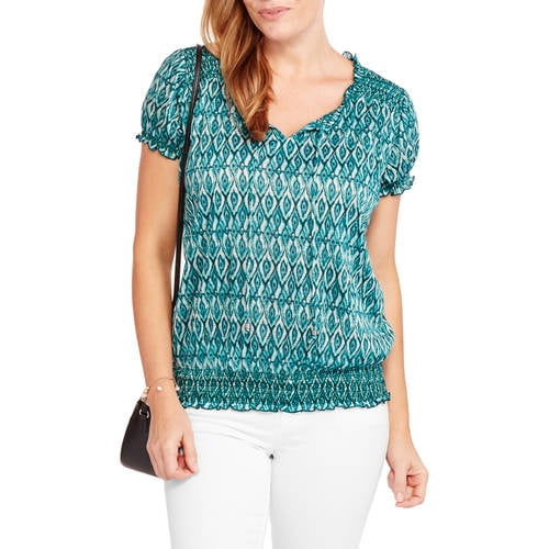 Faded Glory Womens Short Sleeve Peasant Top with Front Tassels and