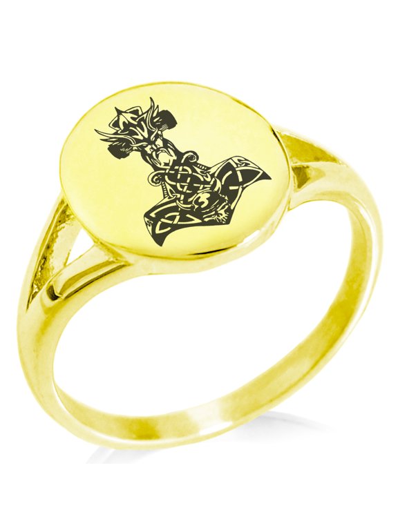 Stainless Steel Asgard Mjolnir Thor's Hammer Viking Norse Minimalist Oval Top Polished Statement Signet Ring