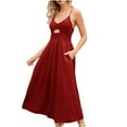 thumbnail image 1 of Robes d'Été à Bretelles Spaghetti pour Femmes Décontractées Sans Manches à Col en V avec Découpes, Fente Haute, Robe Maxi de Plage avec Poches, 1 of 7