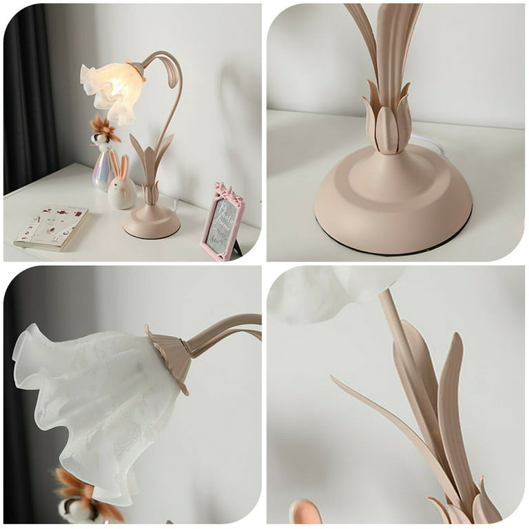 Oukaning Table Lamp Lily Flower Design Desk Light Bedside Night Light Glass  Lampshade E27