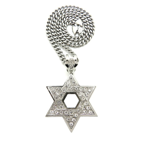 iJewelry2 Silver Tone Crystals Open Star of David Charm Pendant Stainless Steel Cuban Chain Necklace 18''