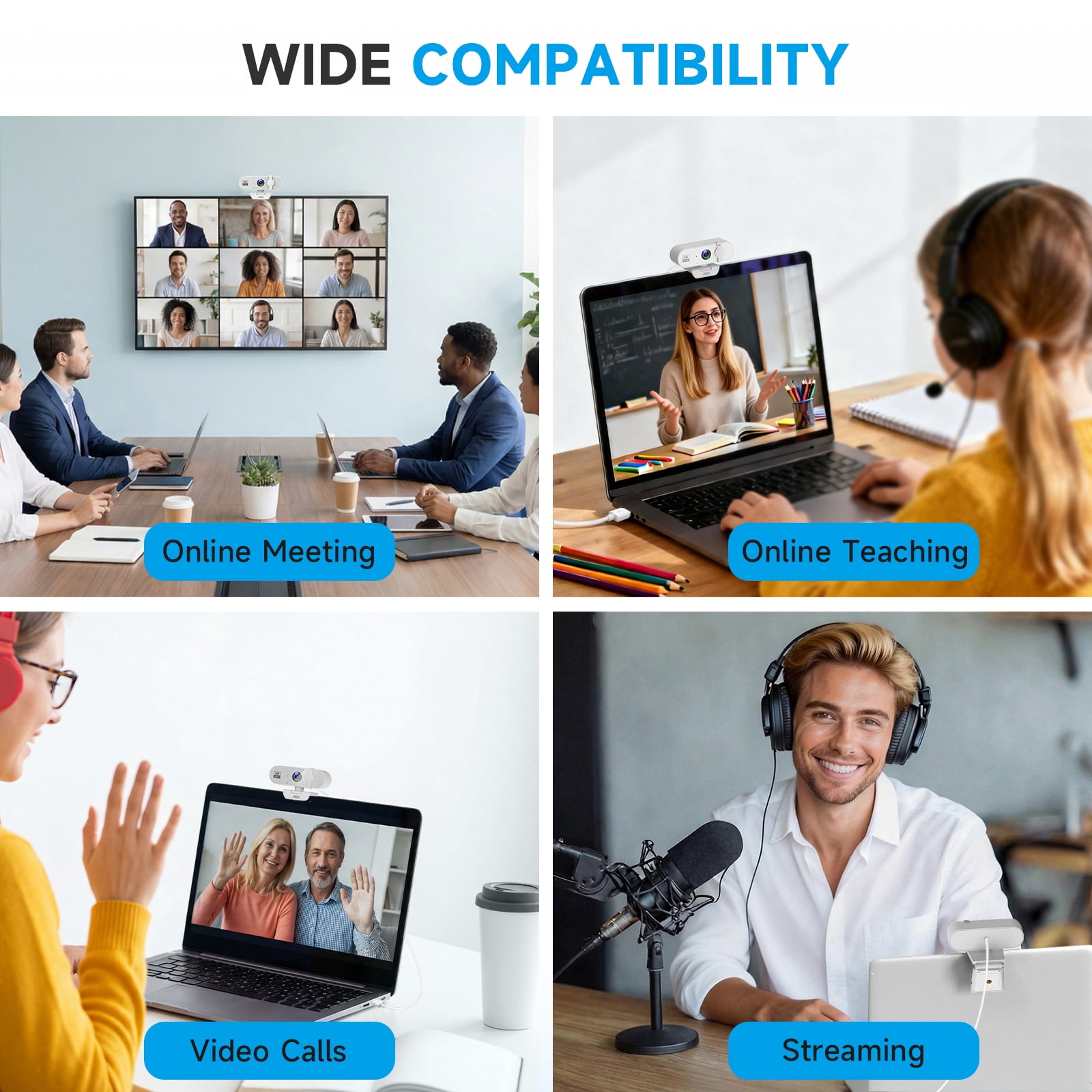 AOC 4K Webcam for PC with Noise Canceling Mic, Privacy Cover, 99° FOV, USB Plug and Play Computer Camera for Laptop Streaming Office, White