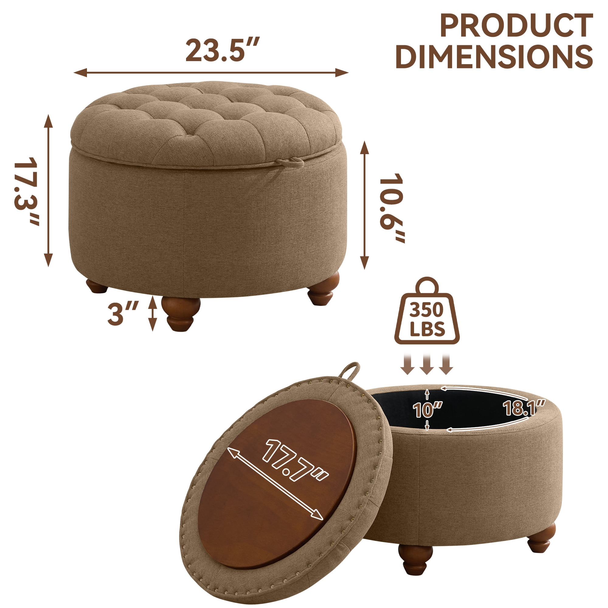 24'' Round Ottoman with Storage, Modern Tufted Fabric Storage Ottoman with Removable Top for Living Room, Bedroom, Brown