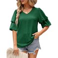 thumbnail image 2 of Blusa de manga corta con volantes para mujer, cuello en V, manga abombada, blusa lisa, Tops holgados para citas en el trabajo, 2 of 6