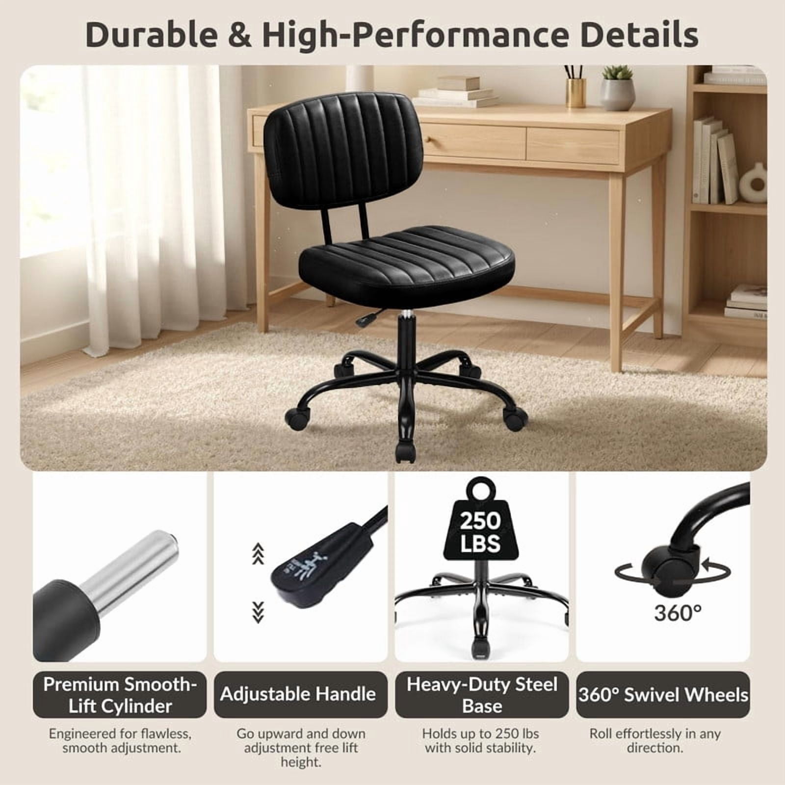 Kelno Armless Desk Chair Height Adjustable Swivel Rolling PU Leather Task Chair with Lumbar Support, Black
