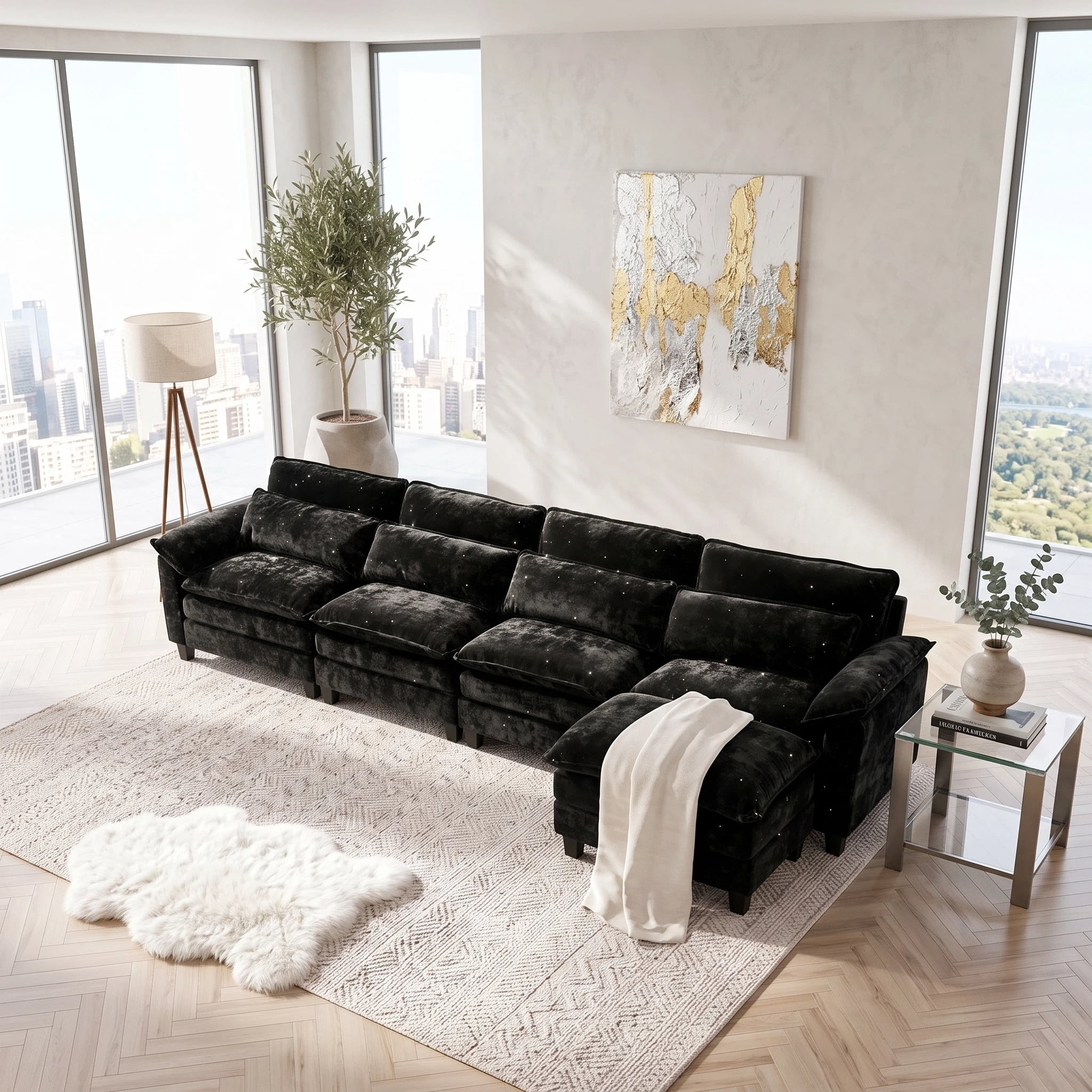 UBERLYFE 148" L Shaped Cloud Modular Sectional Sofa, Deep Wide Seat Couch with Ottoman, USB Charging Ports, Side Storage Pockets & Throw Pillows, Modern Chenille Living Room Furniture, Black