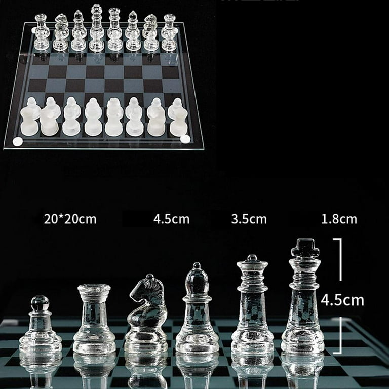 International Glass Chess Set 10 Inch Chess Board and 32 Clear Glass Pieces  Chess Game Gift for Kids Adults Beginners 