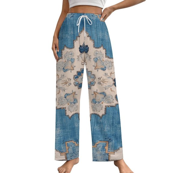 Blue Floral Medallion Rug Pajama Pants Loose Pajamas Female Breathable Home Trousers Leisure Sleeping Pants Large Size