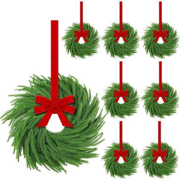 Guvpev 8 Set Mini Christmas Wreath for Cabinet Kitchen Windows Decors Bulk with Red Bow Small Artificial Norfolk Farmhouse Wreaths with Berry Pine Cone for Fireplace Front Door Porch Wall Hanging