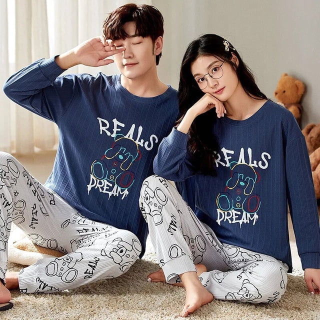 Foply-Conjunto de Pijamas para parejas, ropa de dormir de manga larga, estilo fresco, 100% algodón, Otoño, nuevo