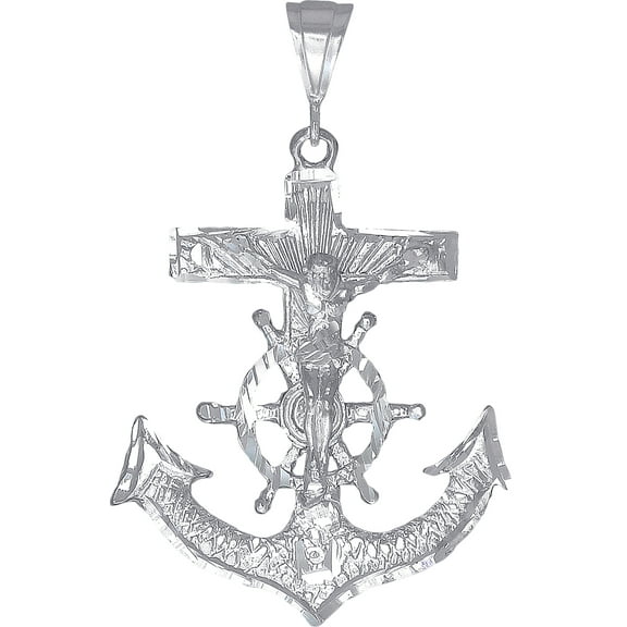 Large Sterling Silver Anchor Cross with Jesus Pendant Necklace 2.9 Inches 15.5 Grams with Diamond Cut Finish and 24 Inch Figaro Chain