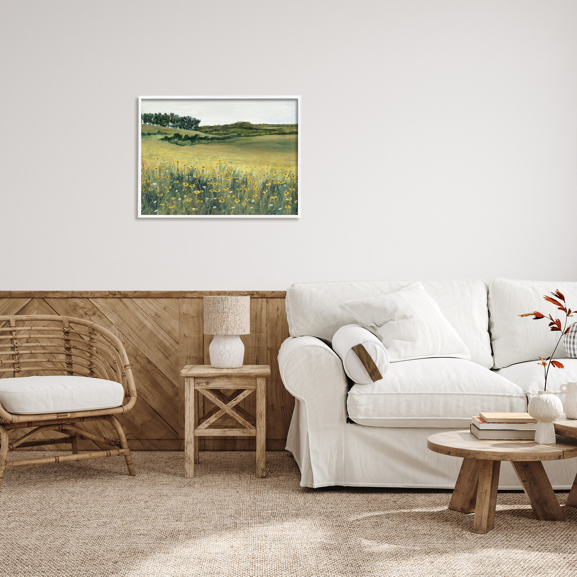 Stupell Industries Rural Daisy Meadow Nature Painting White Framed Art Print Wall Art, 30 x 24