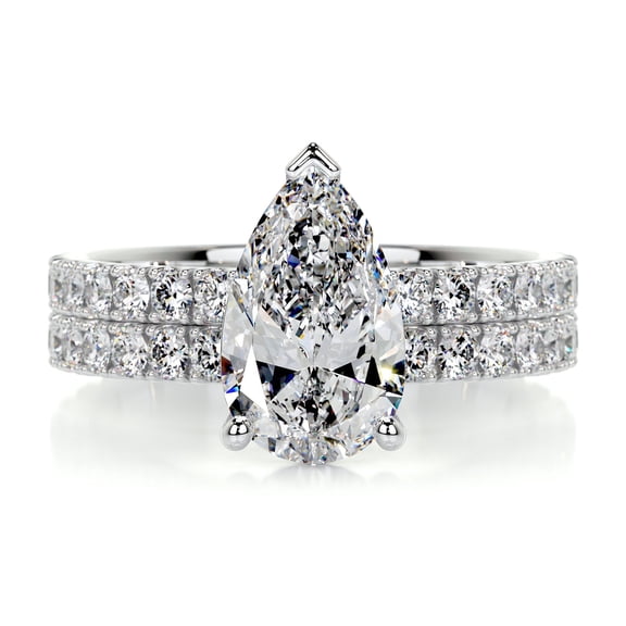 Blue Jewel Elegant Pear Cut Double Eternity Band Diamond Rings - 1.9 Ct Lab-Created Simulated Diamond - 14K White Gold Plated - Women's Stunning Engagement Rings - Thoughtful Gift for Special Moments