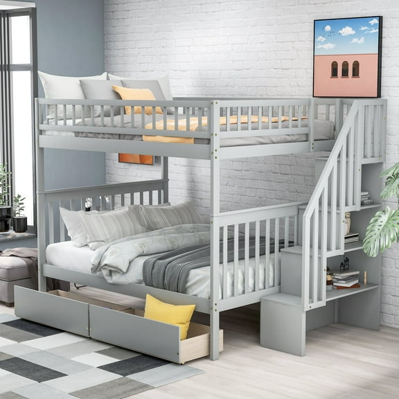 Bed Frame Full over Full Bunk Bed with Two Drawers and Storage, Gray