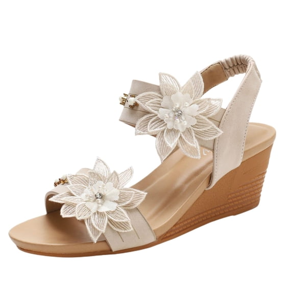 Ladies' wedge sandals, comfortable summer beach high-heeled thick soled sandals, ankle rhinestone oversized vacation sandals