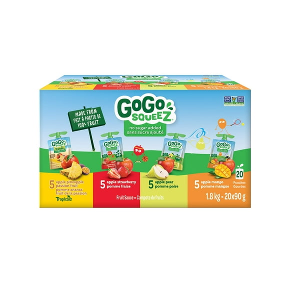 GoGo squeeZ Fruit Sauce Variety Pack, Pineapple Passion Fruit, Strawberry, Pear, Mango, No Sugar Added. 90g per pouch, Pack of 20, 1.8kg