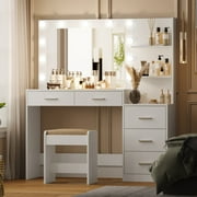 Rovaurx 46.7 Makeup Vanity Table with Lights and Mirror, 5 Drawers, Modern Dressing Desk, White