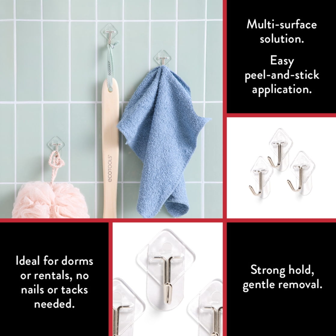 Hyper Tough Medium Removable Hinged Hooks, Plastic Clear Hooks for Hanging Keys, with 3 Adhesive Strips, 1 lb Capacity, White, 3 Pc