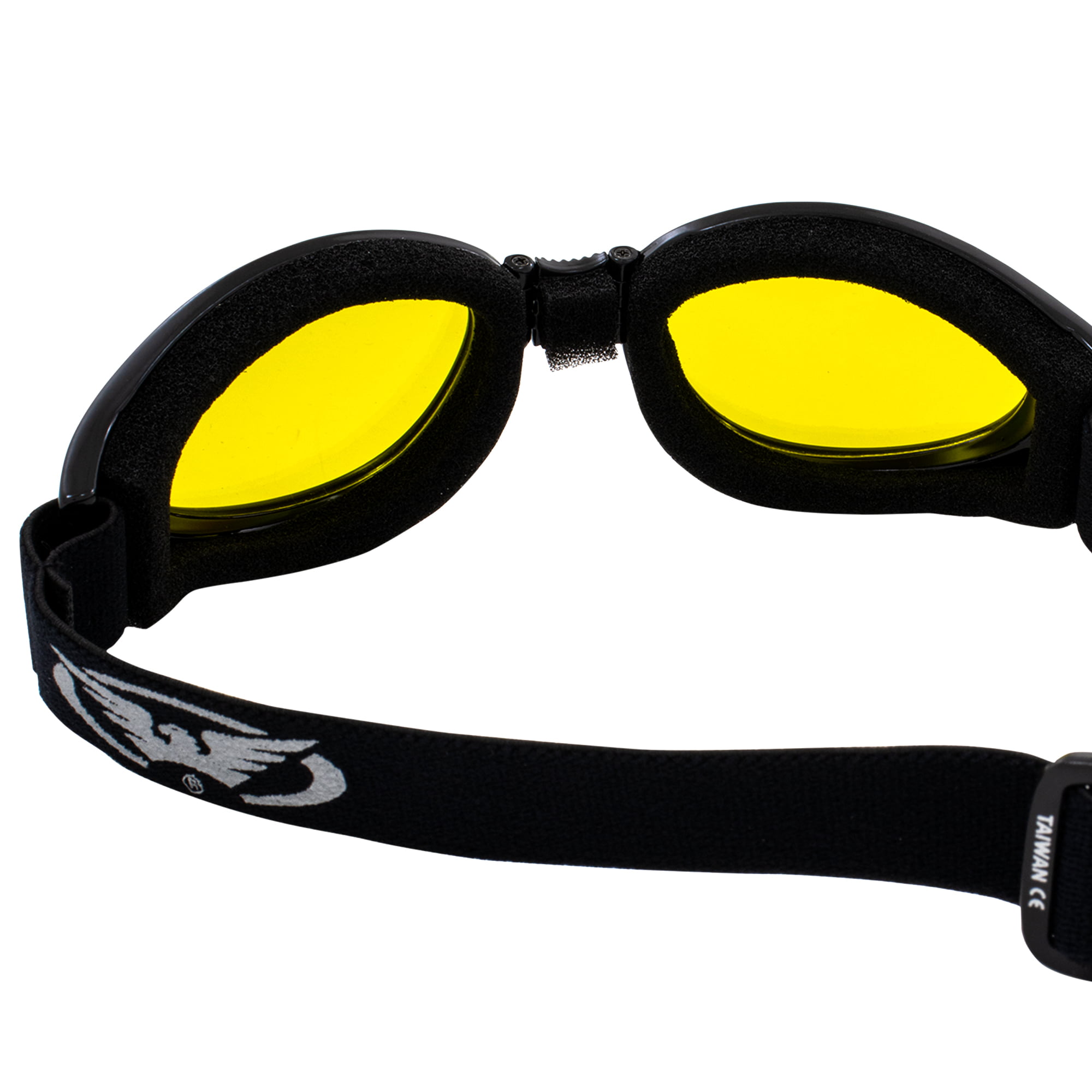 Global Vision Adventure Folding Motorcycle BLACK Goggles with YELLOW MIRROR Lens
