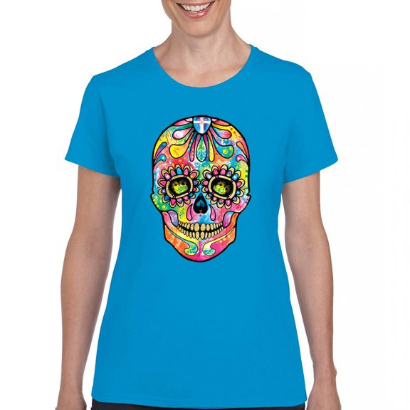 Tee Hunt Dean Russo Sugar Skull T-Shirt Day of The Dead Neon Calaver Women's T-Shirt Tee, Light Blue, 3X-Large