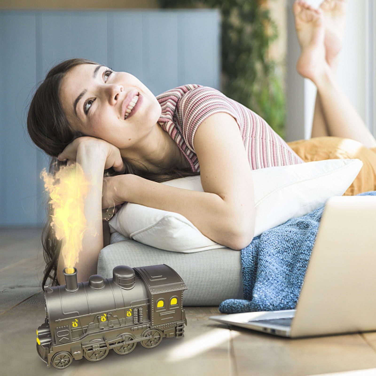 Colorful LED Train Aromatherapy Diffuser with Remote Control, 300ml Humidifier, Whimsical Design, Wireless Operation, Simulated Train Sound, Ideal for Home Office Khaki
