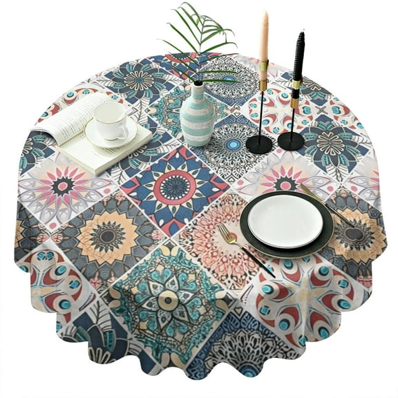 Round Waterproof Tablecloth 60×60 Inch, Boho Style Reusable Indoor/Outdoor Durable Table Cover for Party Kitchen Dinner Room Decor