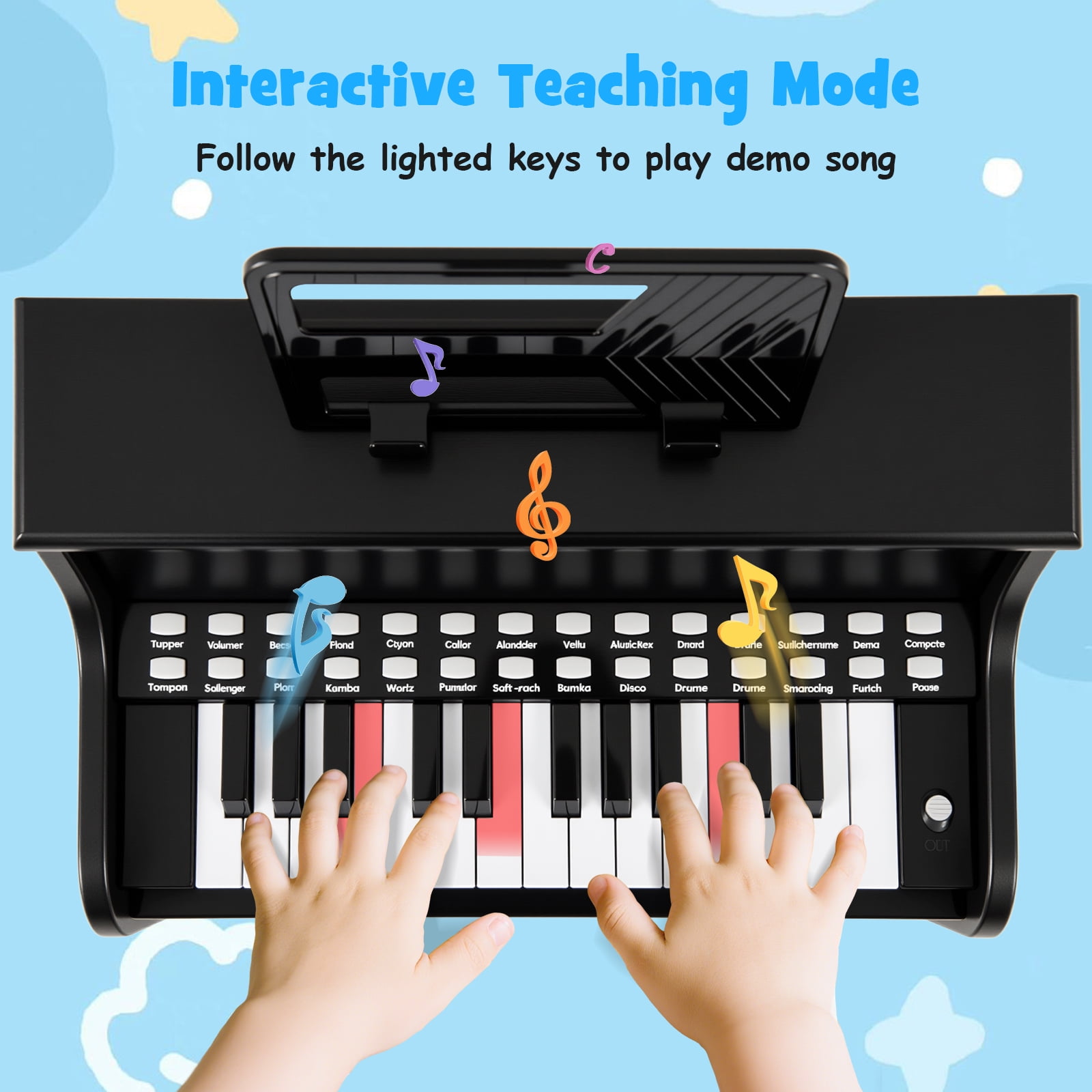 Patiojoy 25 Lighted Keys Kids Piano Keyboard with Stool Mini Digital Piano Wooden Toy Black