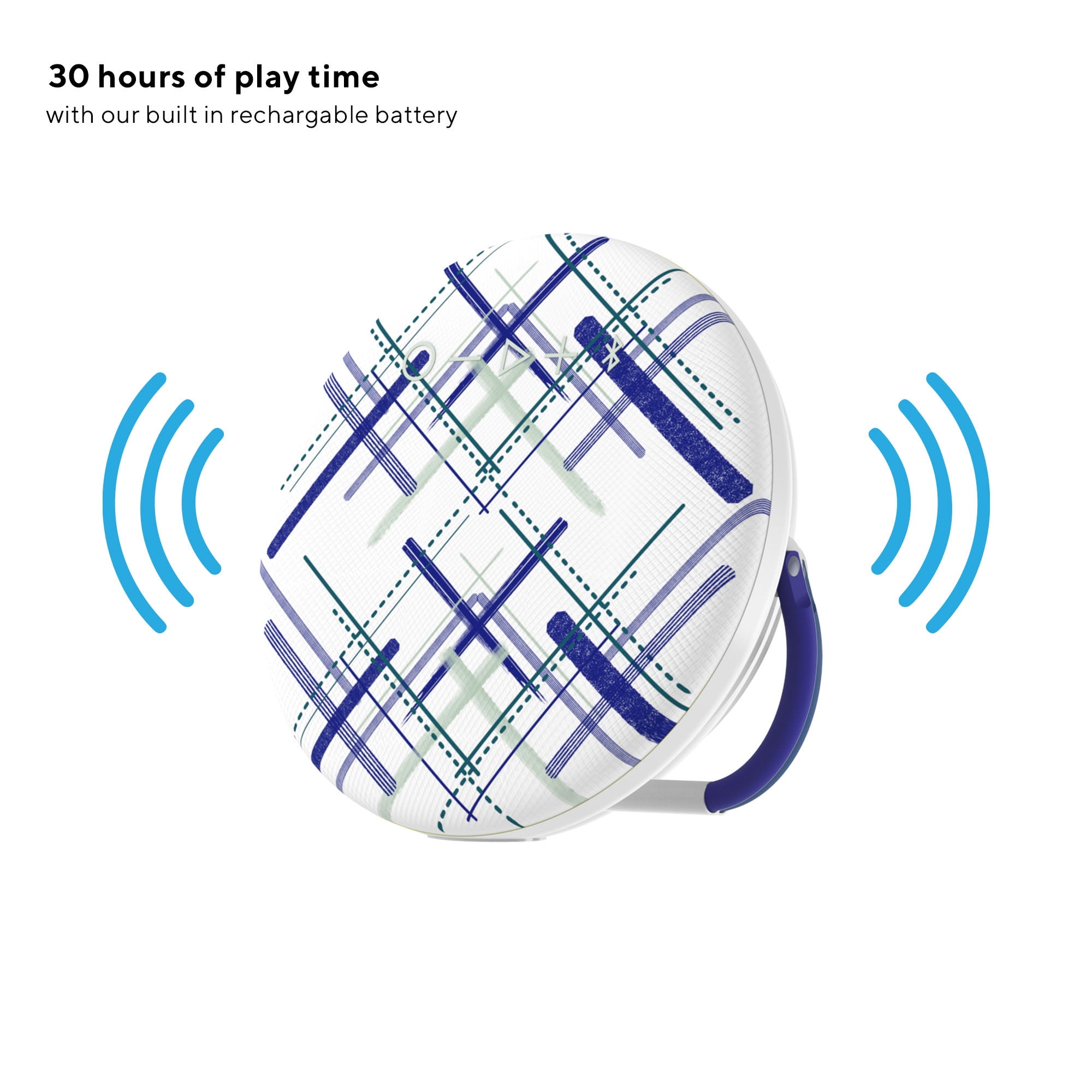 onn. Portable Bluetooth Speaker | IPX4 Water Resistant | Round Wireless Speaker, Green Navy Lines