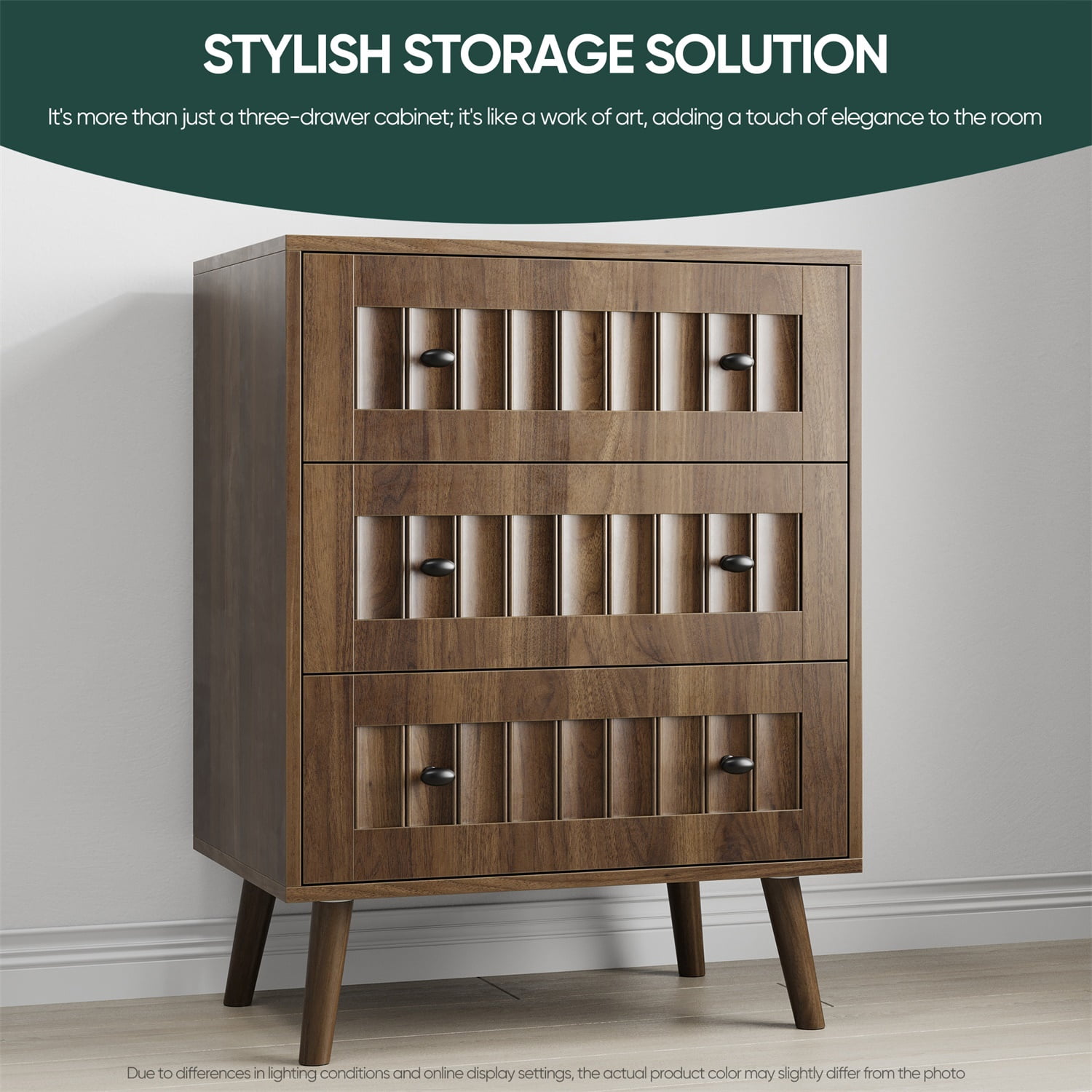 Hommoo Modern 3-Drawer Dresser, Wooden Dresser Storage Cabinet Chest of Drawers, for Living Room, Bedroom, Walnut