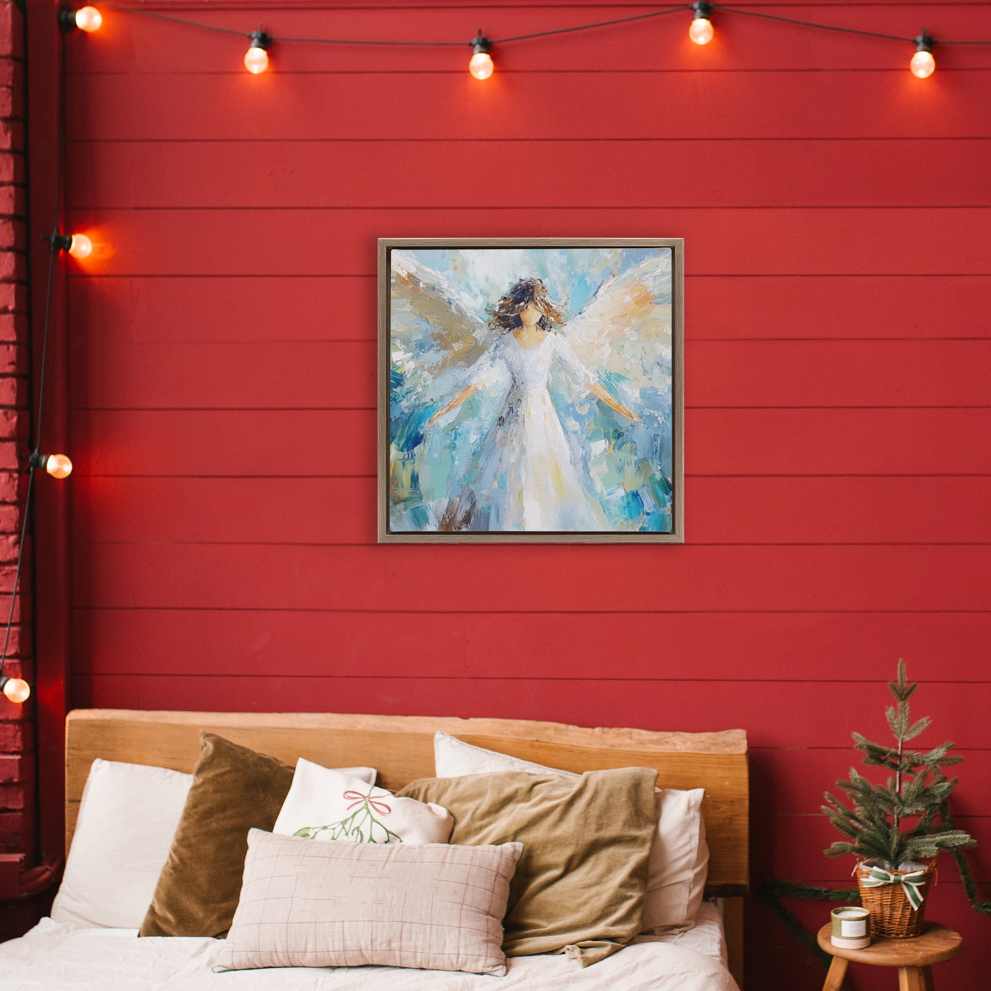 Flying Glory Angel Brown Framed Floater Canvas Wall Art, design by Petal Prints Design