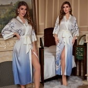 AMITOFO Long Silky Kimono Robes for Women Lightweight Silky Satin Floral Bathrobe Soft Cozy Ladies Housecoat Loungewear