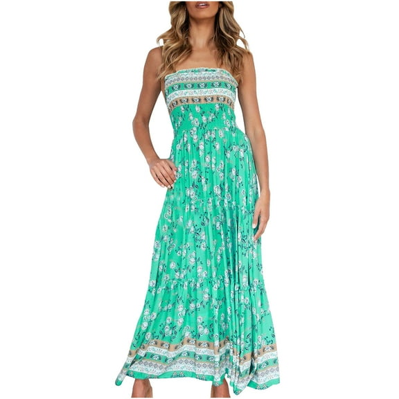 USSUMA Womens Dresses Vacation, Women’s Off Shoulder Ruffle Maxi Dresses Boho Party Floral Long Dress Summer Casual Strapless Beach Sundress