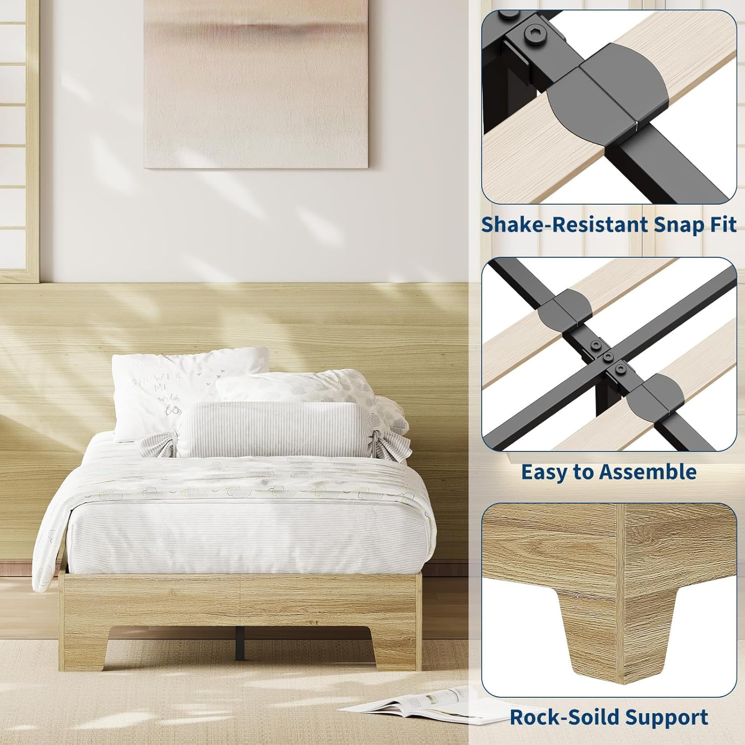 Twin Bed Frame, Wooden Platform Bed Frame, Minimalist Bed with Wood Slats Support, Underbed Space for Storage, No Box Spring Required, Noise-Free, Easy Assembly